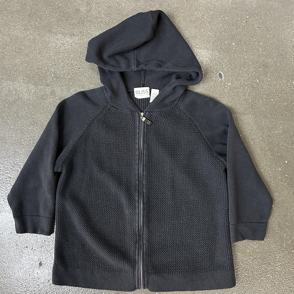 Russ Sweater Kids XL‎ 16/18 Black Hooded Full Zip Knit Cotton Ramie Cardigan